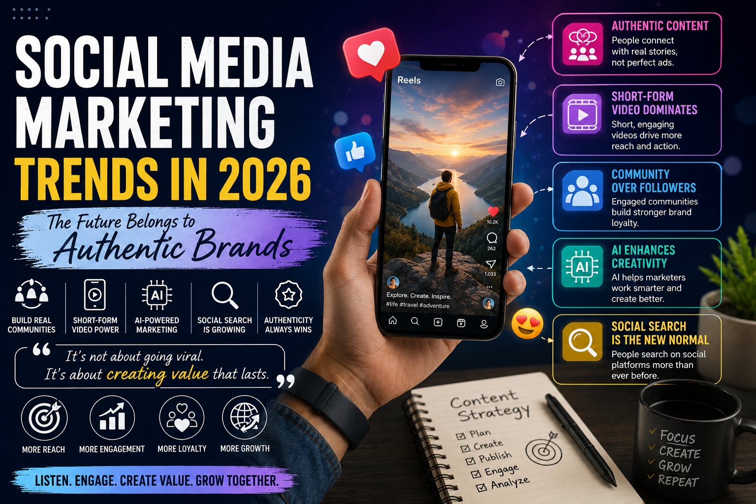 Social Media Marketing Trends in 2026 showing AI-powered marketing, authentic brand storytelling, community building, and digital growth strategies.